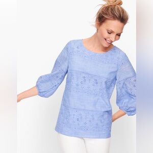 Talbots Embroidered Voile Poet Sleeve Top – Light Blue Cross Dye – Size L